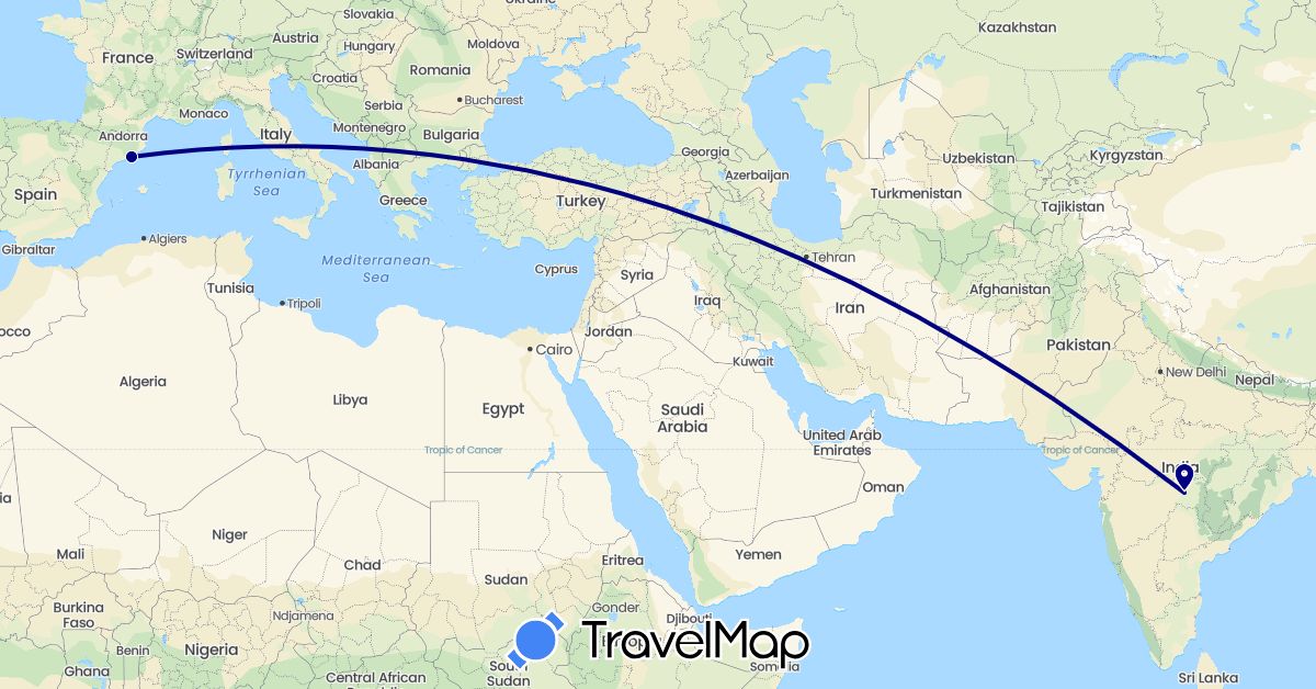 TravelMap itinerary: driving in Spain, India (Asia, Europe)